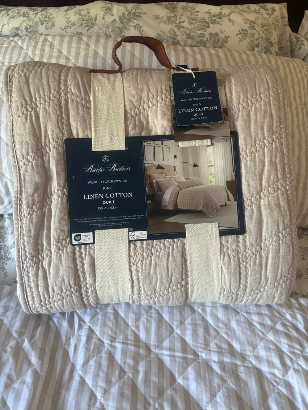 Brooks Brothers King Size Washed Linen Cotton Quilt Beige Neutral Stitch NWT
